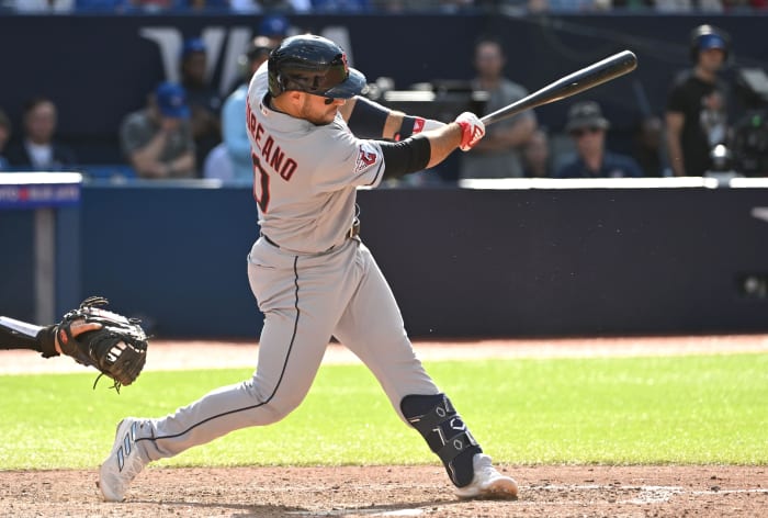 Aug 27, 2023; Toronto, Ontario, CAN; Cleveland Indians right fielder Ramon Laureano (10) hits a two-run home run against the Toronto Blue Jays in the 11th inning at Rogers Centre.